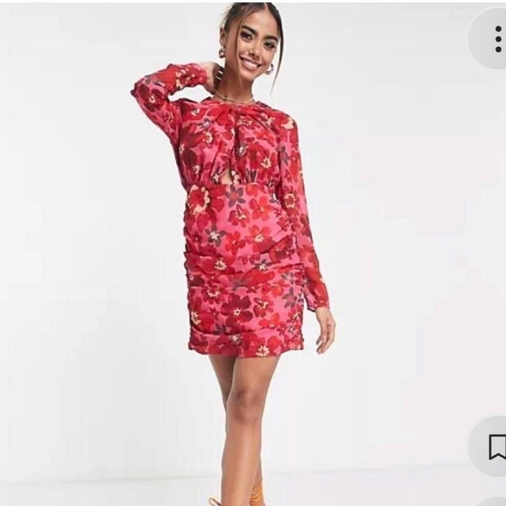 Hope & Ivy Ruched Floral Chiffon Mini Dress Size 10 LS Pink Cut Out Summer NWT